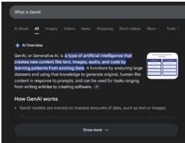Screenshot of a search engine results page titled 'What is GenAI'. The page shows a definition of GenAI (Generative AI) and a section titled 'How GenAI works' listing two bullet points: 'GenAI models are trained on massive amounts of data, such as text or images.' and 'They then use this training to understand patterns, structures, and styles within that data.'