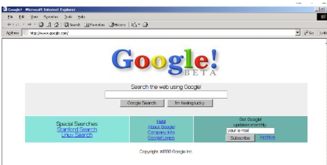 Screenshot of the early Google search engine interface (Google! BETA) running in Microsoft Internet Explorer. The page shows the search bar, 'Google Search' and 'I'm feeling lucky' buttons, and links for Special Searches, Help, About Google, Company Info, and Google! Logos.